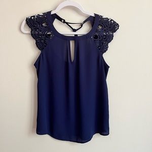 Express Navy Blue blouse with lace sleeves and tie back - size XXS